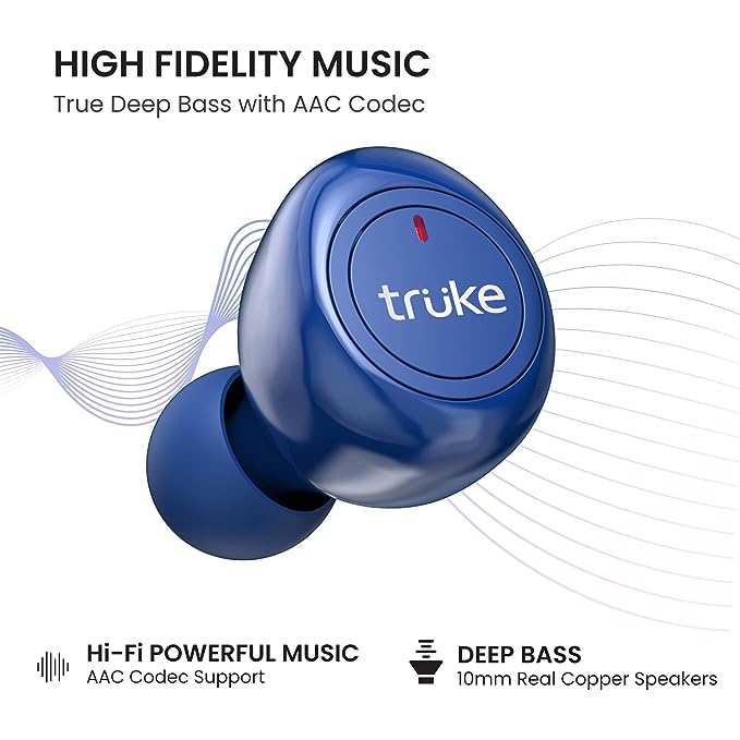 truke Fit 1+ True Wireless Earbuds with Dedicated Gaming Mode, 30H of Playtime Touch Control, Low Latency, BT 5.1, 10mm Driver Deep Bass (Blue)
