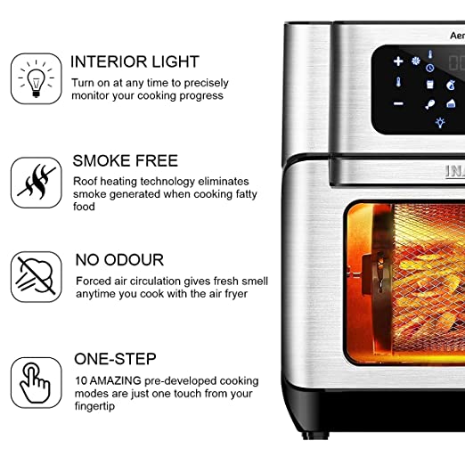 INALSA Air Fryer Oven Aero Crisp with 12L Capacity | Digital Display and Stainless Steel |10 Preset Program | Rotisserie Function and 1500 Watt |Free Recipe book|2 Year Warranty(Black)