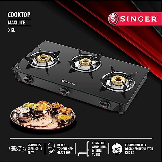 Singer 3 Burner Gas Stove Glass Top Manual Ignition - Maxilite 3GL (Black)