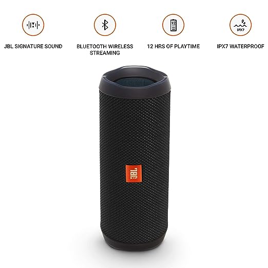 JBL Flip 4, Wireless Portable Bluetooth Speaker with Mic, Signature Sound with Bass Radiator, Vibrant Colors with Rugged Fabric Design, Connect+, IPX7 Waterproof & AUX (Black)