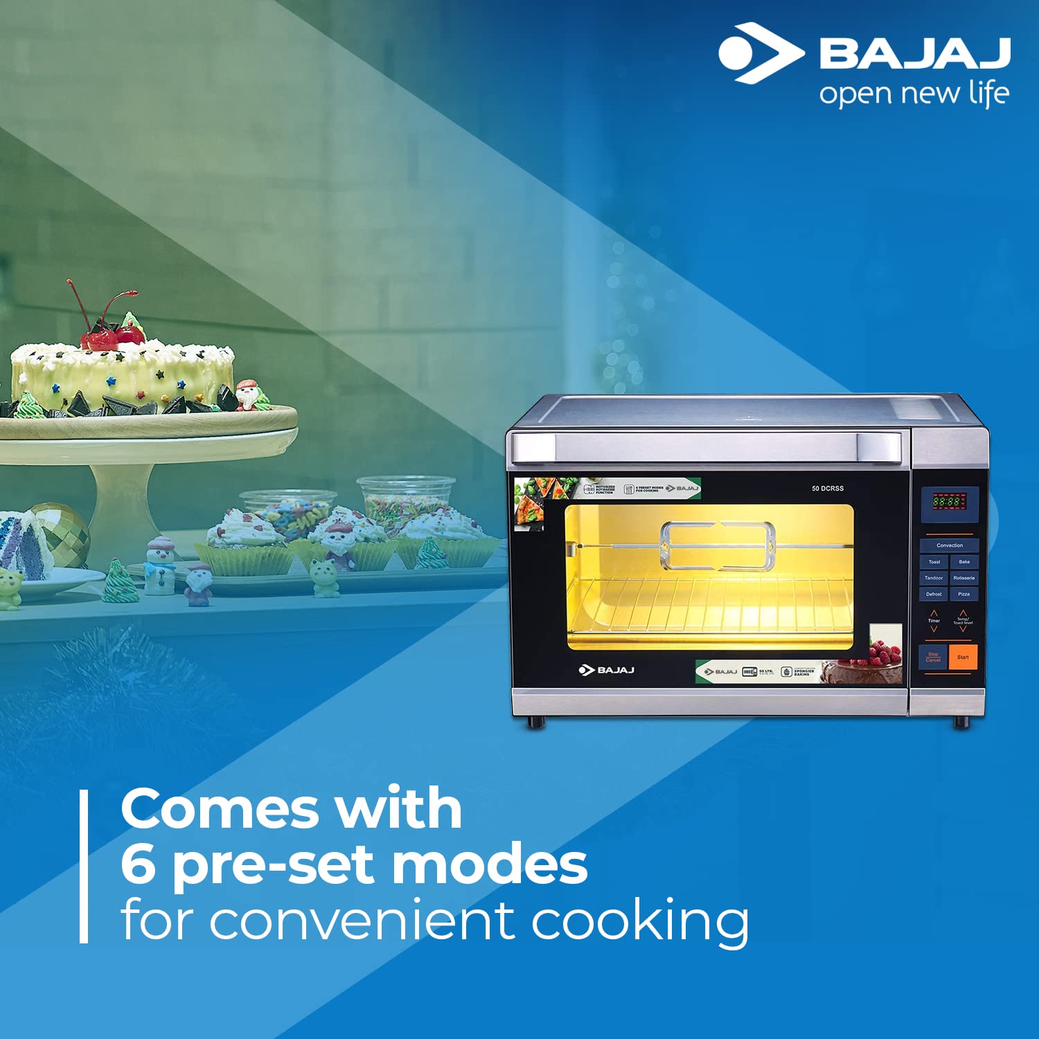 Bajaj 50 Litre Digital Oven Toaster Griller (50 litres OTG) with 6 Pre-Set Menu, Oven for Kitchen with Illuminated Chamber, Motorised Rotisserie & Convection, 2 Year Warranty Black & Silver      ( OPEN BOX )