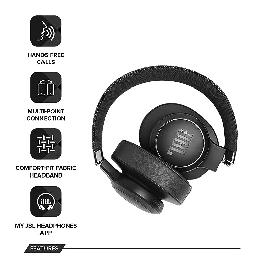 JBL Live 500BT, Wireless Over Ear Headphones with Mic, Signature Sound, Vibrant Colors with Fabric Headband, Dual Pairing, AUX, Ambient Aware & Talk Thru, Built-in Alexa & Google Assistant (Black)