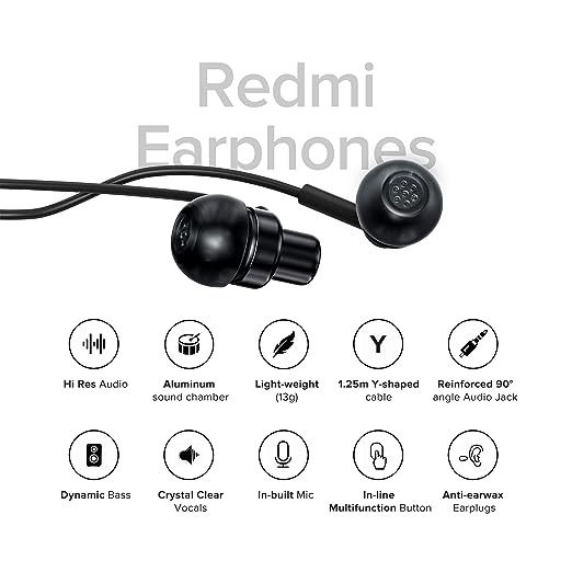 Xiaomi REDMI Wired High Definition in-Ear Earphones with in-Built HD Mic, Hi-Res Audio Certified, 10 mm Driver, Metal Sound Chamber for Dynamic Bass (Black)