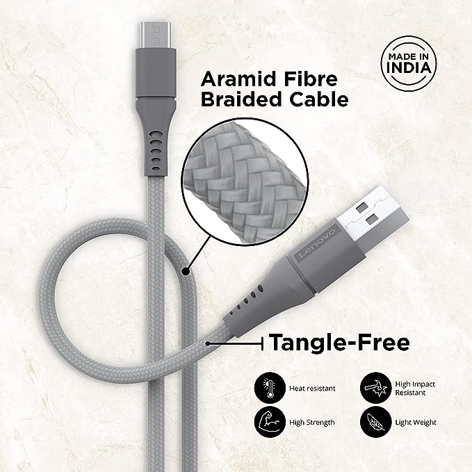 Lenovo Micro USB Tangle-free  Aramid fiber braided 1m cable with 4A charging & 480 MBPS data transmission, certified 10000+ bend lifespan, Metallic Grey