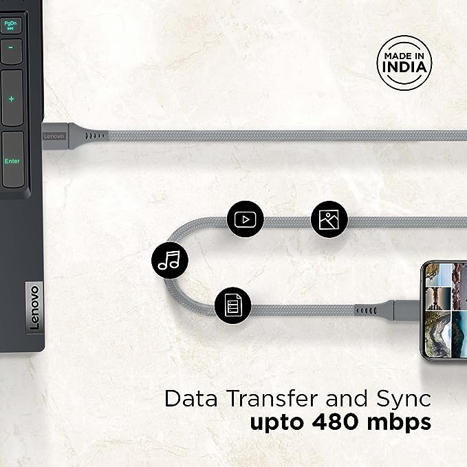 Lenovo Micro USB Tangle-free  Aramid fiber braided 1m cable with 4A charging & 480 MBPS data transmission, certified 10000+ bend lifespan, Metallic Grey