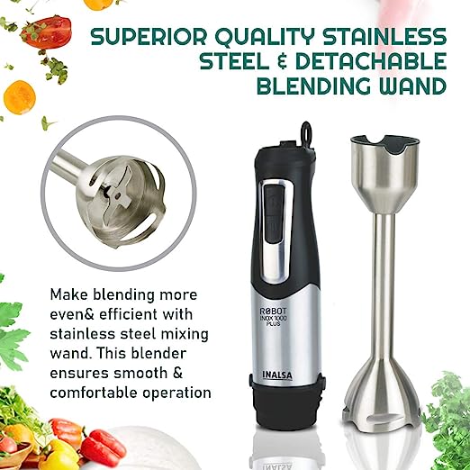 Inalsa Hand Blender Robot INOX 1000 Plus-1000 Watt with Chopper, Whisker, Potato Masher, Multipurpose Jar|Variable Speed |2 Year Warranty,(Silver/Black)