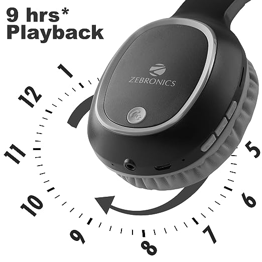 ZEBRONICS Zeb-Thunder Bluetooth Wireless Over Ear Headphone FM, mSD, 9 hrs Playback with Mic (Black)