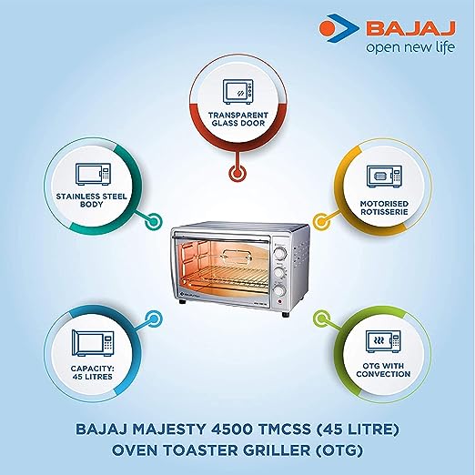 Bajaj Majesty 4500 TMCSS 45 Litre Oven Toaster Grill (45 Litres OTG) with Motorised Rotisserie & Convection Fan, Stainless Steel Body & Transparent Glass Door, 2 Year Warranty, Silver