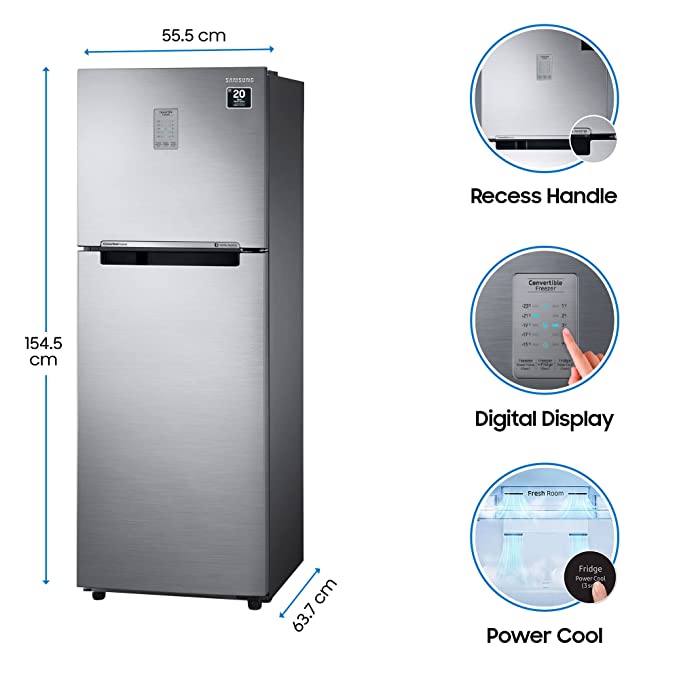 Samsung 253L 3 Star Inverter Frost Free Double Door Refrigerator (RT28T3743S8/HL, Silver, Elegant Inox, Convertible, 2022 Model)