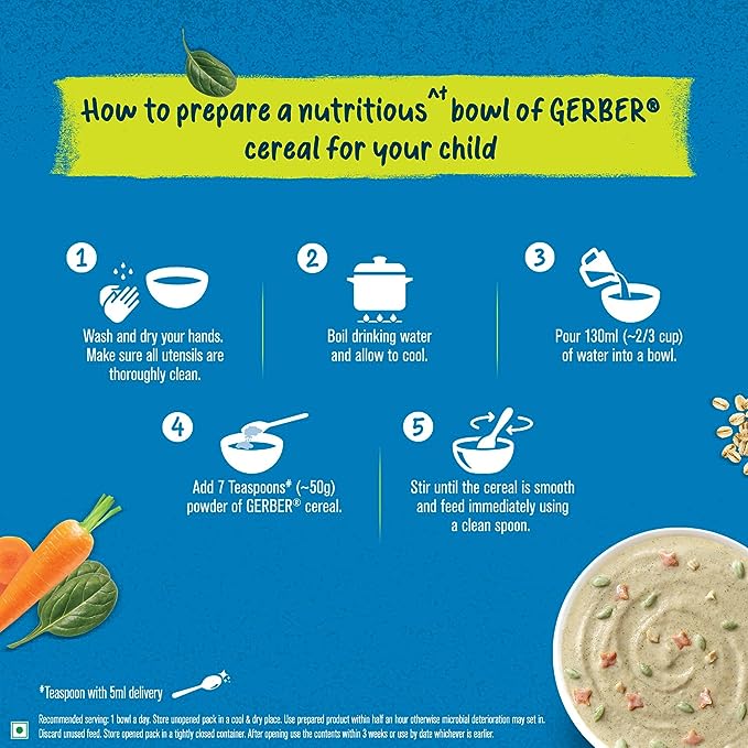 GERBER Cereals - Spinach & Carrot | Instant Cereal for little ones | With Iron & Omega-3 | Rich in Protein | With Vit A, C, D & Zinc | No added colours or flavours | 300g
