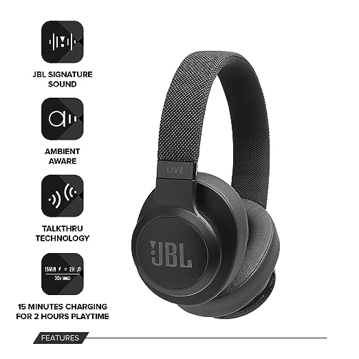 JBL Live 500BT, Wireless Over Ear Headphones with Mic, Signature Sound, Vibrant Colors with Fabric Headband, Dual Pairing, AUX, Ambient Aware & Talk Thru, Built-in Alexa & Google Assistant (Black)