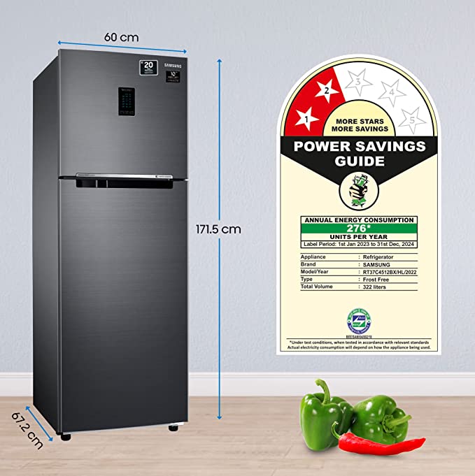 Samsung 322 L 2 Star Convertible 5In1, Digital Inverter Frost Free Double Door Refrigerator (RT37C4512BX/HL, Luxe Black 2023 Model)