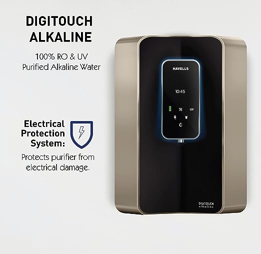 Havells Digitouch Alkaline Water Purifier, SMART TOUCH water dispense, Copper+Zinc+Alkaline natural minerals, 8 stage Purification, 6L tank, Double UV Purification tech.(RO+UV) (Champagne & Black)(OPEN BOX)
