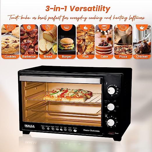Inalsa Oven Masterchef 24RSS OTG (24 Liters)-1600W with Motorised Rotisserie & Temperature Selection|6 Stage Heat Selection |Stainless-Steel Finish,(Silver)