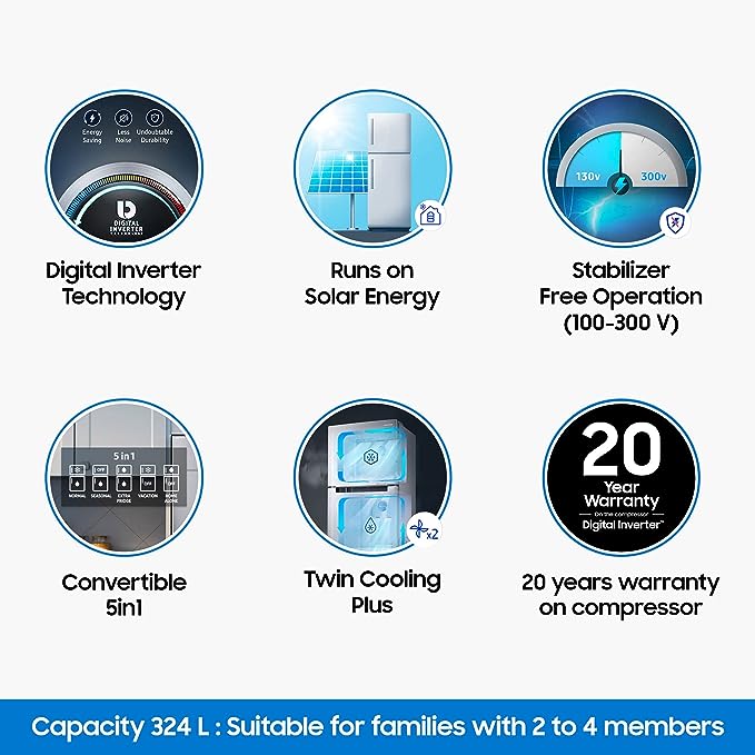 Samsung 324 L 3 Star Inverter Frost Free Double Door Refrigerator (RT34T4513S8/HL, Convertible 5In 1, Elegant Inox,2022 Model) (OPEN BOX)