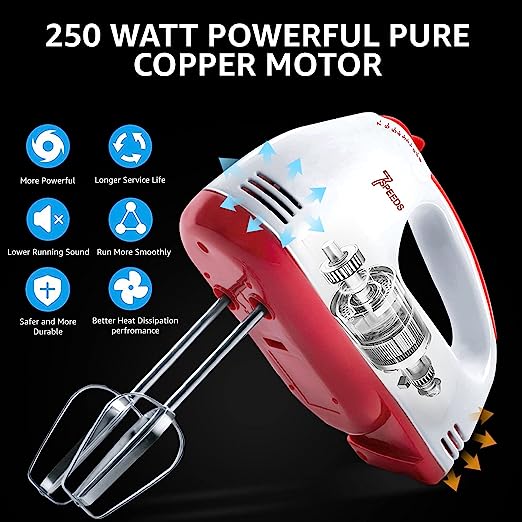 Inalsa Hand Blender| Hand Mixer|Beater - Easy Mix, Powerful 250 Watt Motor | Variable 7 Speed Control | 1 Year Warranty | (White/Red)