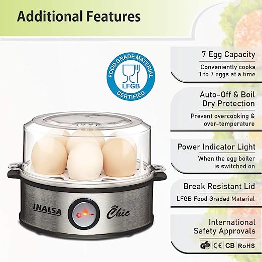 Inalsa Chic Instant Egg Boiler, 360 Watts, Steel Base, Food Grade BPA Free Lid, 1-7 Eggs, Double Safety, Adjustable degree of hardness, Indicator Light, Water Measuring Cup, (Black/Silver)