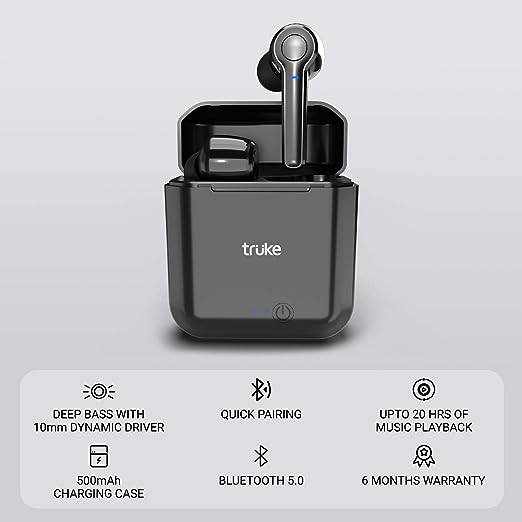 truke Fit Buds 5.0 Bluetooth Truly Wireless In Ear Earbuds with Mic (TWS), with 10mm Driver, with 500mAh Case for 20hrs Music Playtime, Quick Paring (Black)
