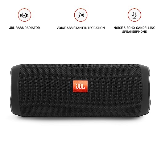 JBL Flip 4, Wireless Portable Bluetooth Speaker with Mic, Signature Sound with Bass Radiator, Vibrant Colors with Rugged Fabric Design, Connect+, IPX7 Waterproof & AUX (Black)