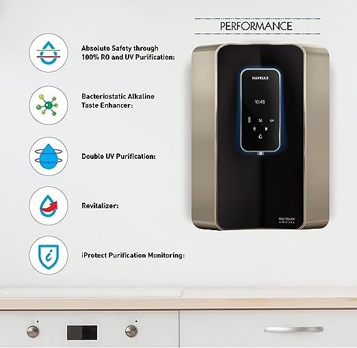 Havells Digitouch Alkaline Water Purifier, SMART TOUCH water dispense, Copper+Zinc+Alkaline natural minerals, 8 stage Purification, 6L tank, Double UV Purification tech.(RO+UV) (Champagne & Black)(OPEN BOX)