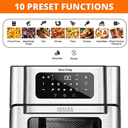 INALSA Air Fryer Oven Aero Crisp with 12L Capacity | Digital Display and Stainless Steel |10 Preset Program | Rotisserie Function and 1500 Watt |Free Recipe book|2 Year Warranty(Black)