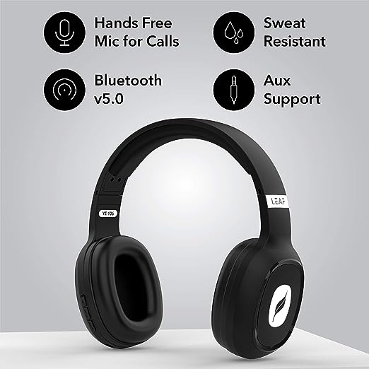 Leaf Bass Wireless Bluetooth Over Ear Headphones with Mic and 10 Hours Battery Life, Over Ear Headphones with Super Soft Cushions and Deep Bass (Carbon Black)