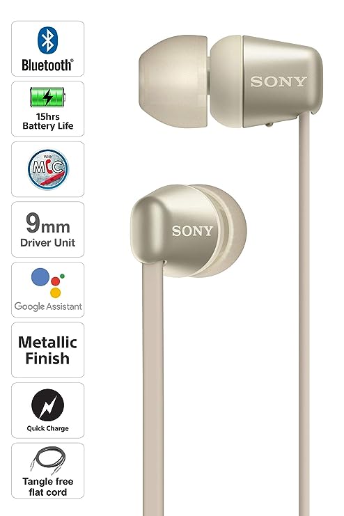 Sony WI-C310 Wireless Headphones with 15 Hrs Battery Life, Quick Charge, Magnetic Earbuds for Tangle Free Carrying, BT ver 5.0,Work from Home, in-Ear Bluetooth Headset with mic for Phone Calls (Gold)