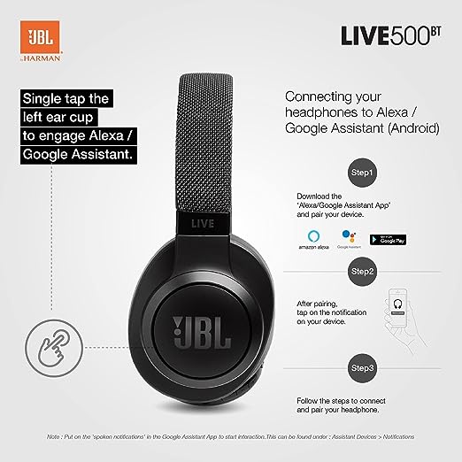 JBL Live 500BT, Wireless Over Ear Headphones with Mic, Signature Sound, Vibrant Colors with Fabric Headband, Dual Pairing, AUX, Ambient Aware & Talk Thru, Built-in Alexa & Google Assistant (Black)