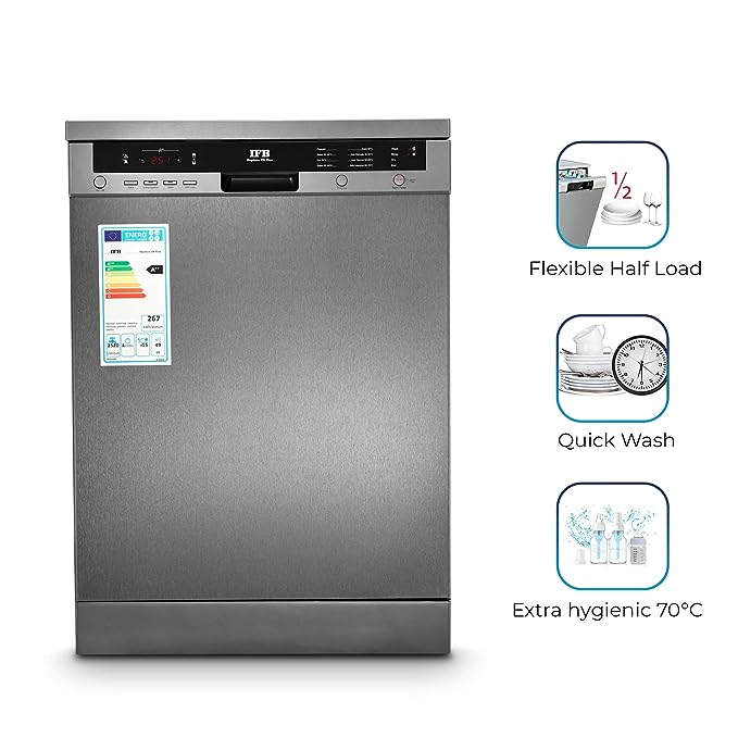 IFB 15 Place Settings Hot Water wash Free Standing Dishwasher (Neptune VX Plus, Graphite Grey, In Built Heater with Hygienic Steam Drying, Perfect for Indian Utensils)