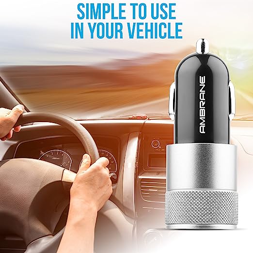 Ambrane 12W Fast Car Charger, Dual USB Output, Multi-Layer Protection, Fast Charging, Compatible with All Cars, Without Cable for All Mobiles & Other USB Enabled Devices (ACC74, Black & Silver)