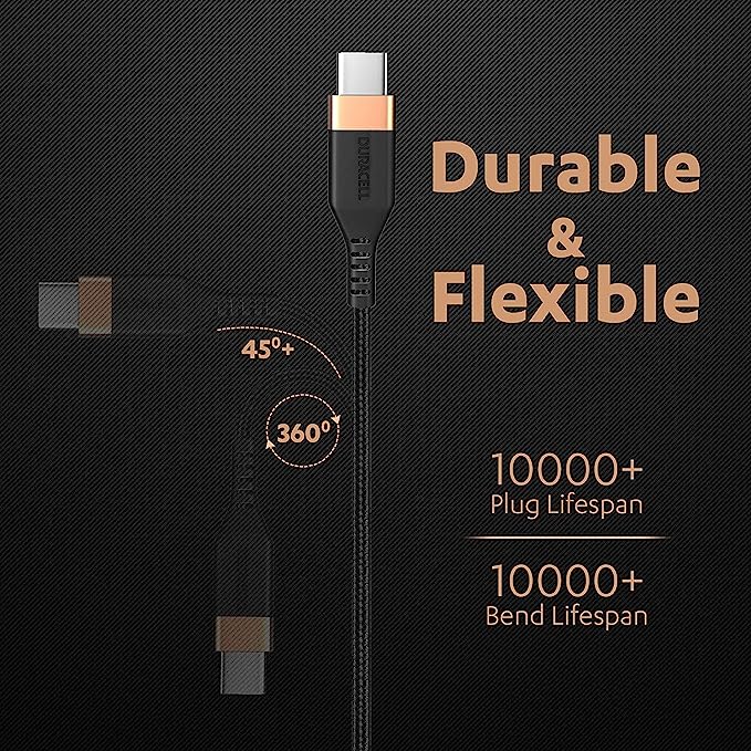 Duracell USB Type C To Type C 5A (100W) Braided Sync & Fast Charging Cable, Compatible With Mobile, Laptop, Tablets & MacBook, 3.9 Feet (1.2M), Supports PD & QC 3.0 Charging, 5 GBPS Data Transmission