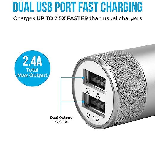 Ambrane 12W Fast Car Charger, Dual USB Output, Multi-Layer Protection, Fast Charging, Compatible with All Cars, Without Cable for All Mobiles & Other USB Enabled Devices (ACC74, Black & Silver)