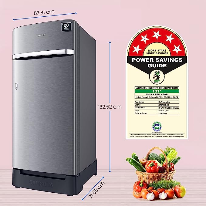 Samsung 189 L 5 Star Digital Inverter Direct Cool Single Door Refrigerator(RR21C2H25S8/HL, Silver, Elegant Inox, Base Stand with Drawer 2023 Model)