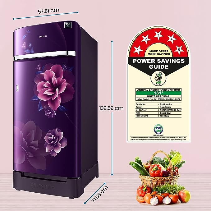 Samsung 189 L 5 Star Digital Inverter Direct Cool Single Door Refrigerator (RR21C2H25CR/HL, Camellia Purple, Base Stand with Drawer, 2023 Model)(OPEN BOX)