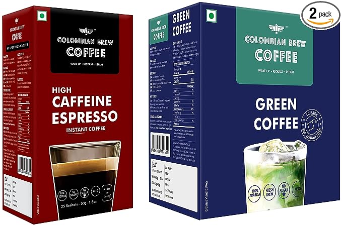 Colombian Brew Coffee Green Coffee Powder, Hot & Cold Brew 10 Bags, Pack of 2 (for Weight Loss) & Colombian Brew Coffee, High Caffeine Colombian Instant, 50g