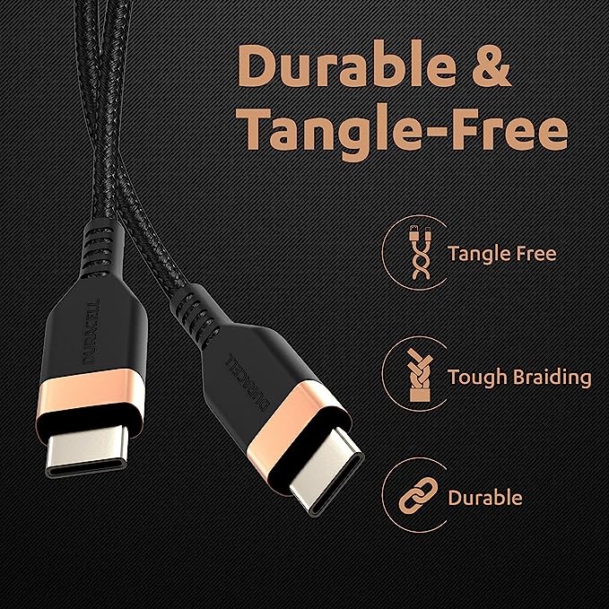 Duracell USB Type C To Type C 5A (100W) Braided Sync & Fast Charging Cable, Compatible With Mobile, Laptop, Tablets & MacBook, 3.9 Feet (1.2M), Supports PD & QC 3.0 Charging, 5 GBPS Data Transmission