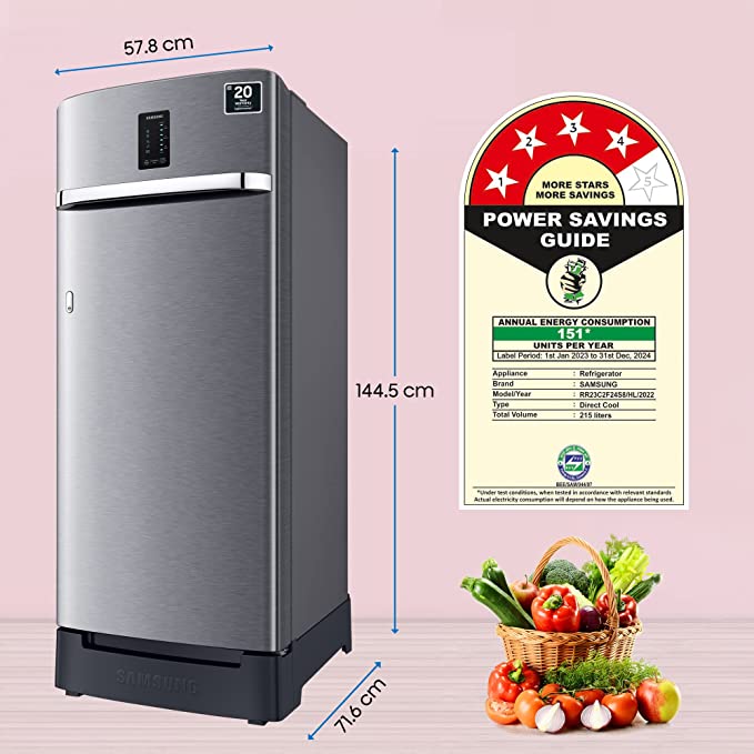 Samsung 215 L 4 Star Digi-Touch Cool, Digital Inverter Direct Cool Single Door Refrigerator (RR23C2F24S8/HL, Silver, Elegant Inox, Base Stand with Drawer 2023 Model)
