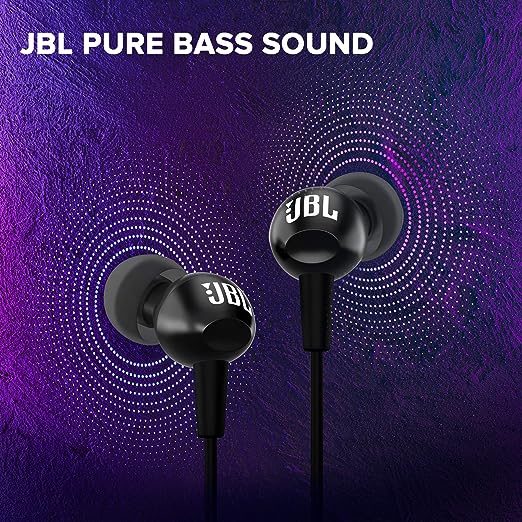 JBL C100SI Wired In Ear Headphones with Mic, JBL Pure Bass Sound, One Button Multi-function Remote, Angled Buds for Comfort fit (Black)