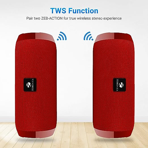 ZEBRONICS Zeb-Action Portable BT Speaker with TWS Function, USB,mSD, AUX, FM, Mic & Fabric Finish(Red)