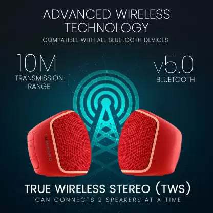 LUMIFORD GoMusic BT12 Wireless Bluetooth Speaker with HD Mic with Unique TWS Connection, IPX4 Water Resistant, Voice Assistance & Multi connectivity Options (3.5 AUX, USB, Micro-SD, FM Radio) - Red with Google & Siri Assistant Smart Speaker  (Red)