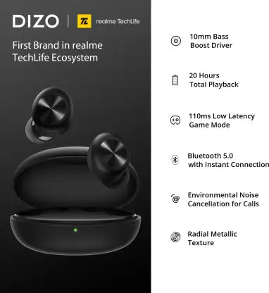 DIZO by realme TechLife GoPods D with Enviornment Noise Cancellation (ENC) Bluetooth Headset  (Black, True Wireless)