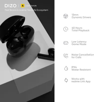 DIZO Buds P with Fast Charge, 40HPlaytime & 13mm Driver (by realme TechLife) Bluetooth Headset  (Dynamo Black, True Wireless)