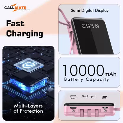 Callmate 10000 mAh Power Bank (12 W, Fast Charging)  (Pink, Lithium Polymer)