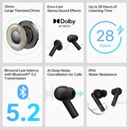 OPPO Enco Buds 2 with 28 hours Battery life & Deep Noise Cancellation Bluetooth Headset  (Midnight, True Wireless)