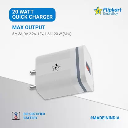 Flipkart SmartBuy 20 W 3 A Mobile Charger with Detachable Cable  (White, Cable Included)