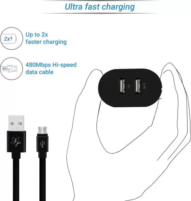 Flipkart Smartbuy Duo 3.4A Dual Port Charger with Fast Charge Cable  (Black, Cable Included)