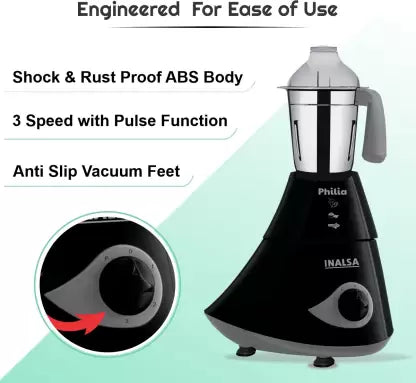 Inalsa Philia 780 W Mixer Grinder (4 Jars, Black, Grey)