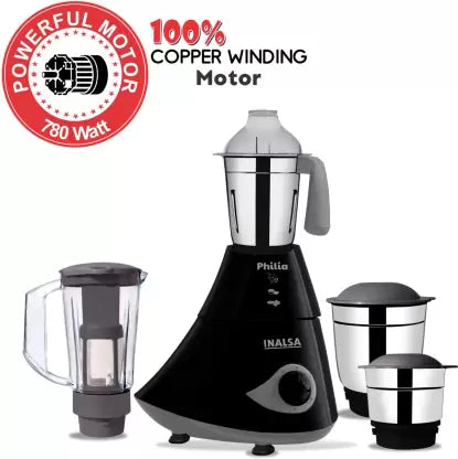 Inalsa Philia 780 W Mixer Grinder (4 Jars, Black, Grey)