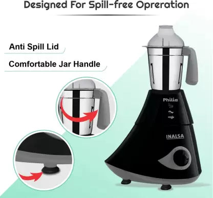 Inalsa Philia 780 W Mixer Grinder (4 Jars, Black, Grey)