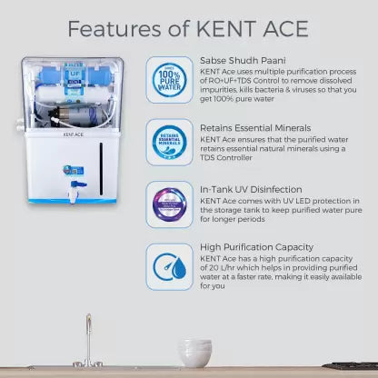 KENT Ace 8 L RO + UV + UF + TDS Water Purifier with Mineral ROTM Technology,In-tank UV Disinfection  (White)